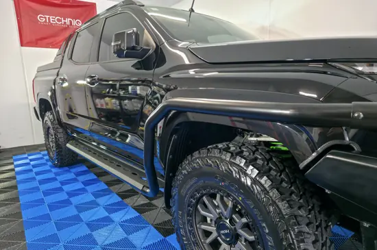 Black ute with a Gtechniq ceramic finish in the studio
