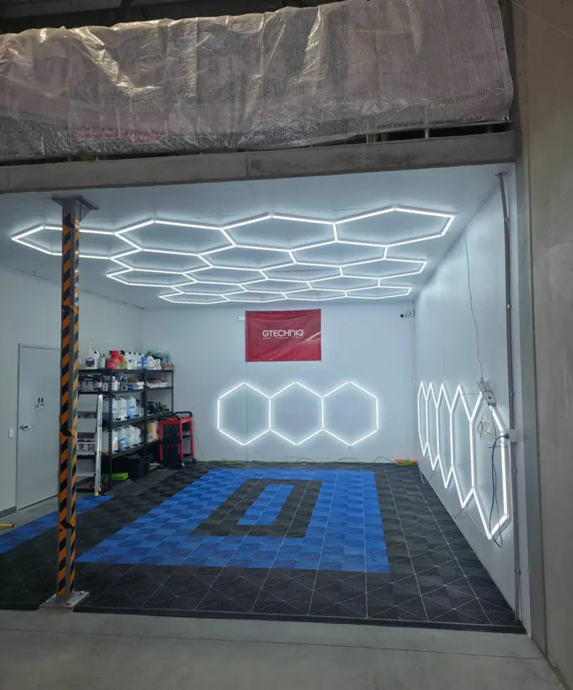 The purpose-built detailing studio with custom hexagon lighting
